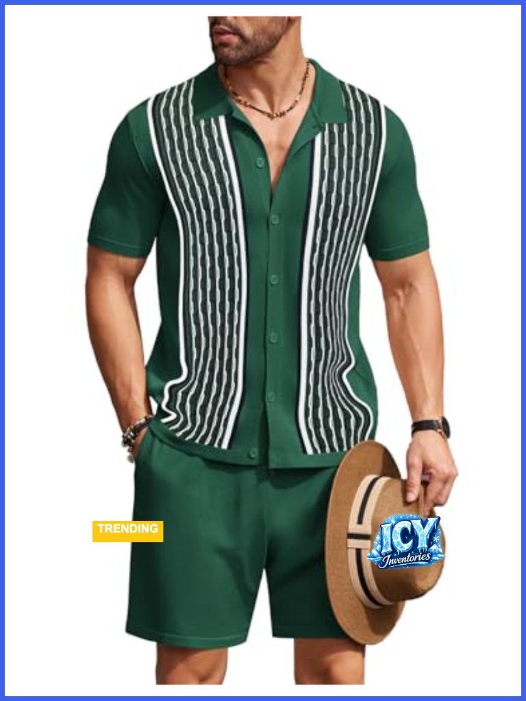 Vintage Short Sleeve Button Down Knit Polo Shirt & Casual Beach Shorts Set